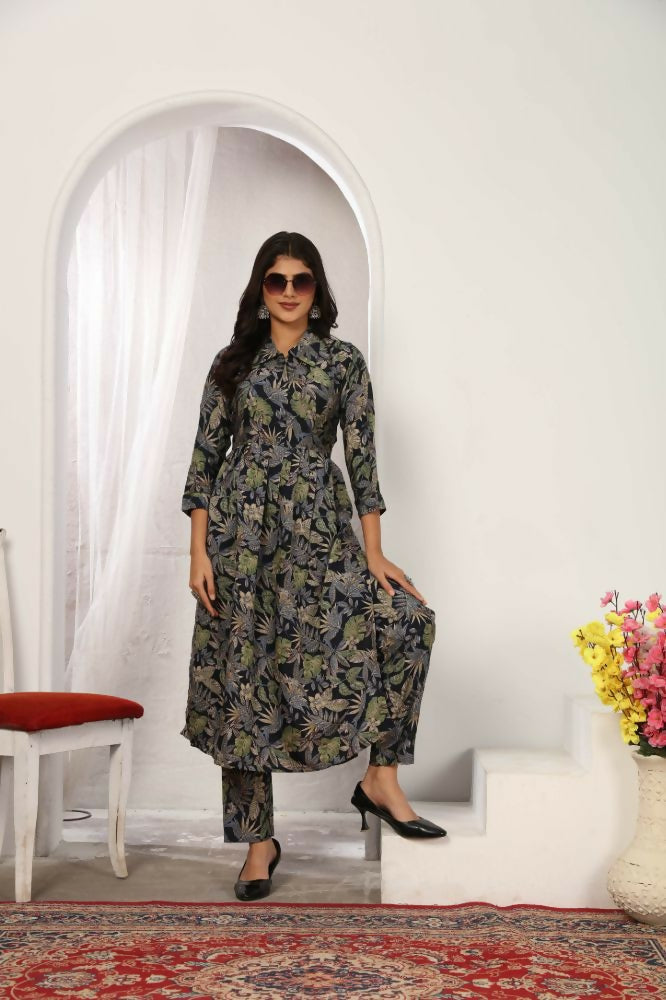 Jyoti Fashion Women's Black Chanderi Silk Floral Print with Side Pocket Kurtis & Sets | Swadesiicart