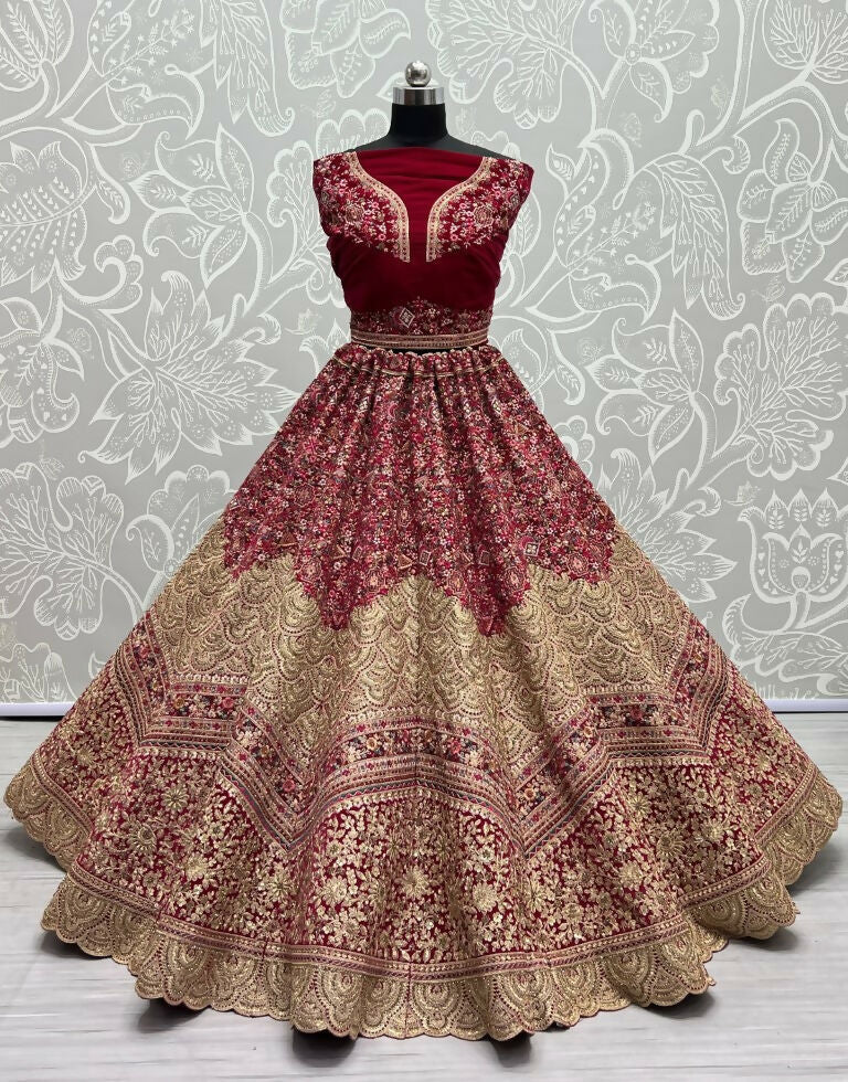 Jyoti Fashion Women's Rani Pink Velvet Fancy Dori & Sequins Multi Thread Embroidered with Diamond Work Wedding Lehenga Choli | Swadesiicart