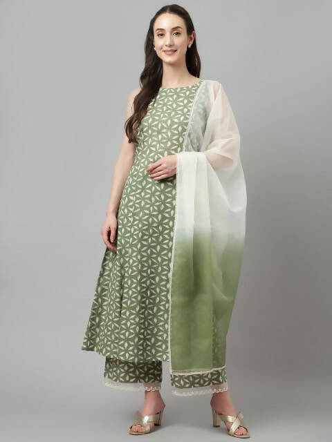 FIORRA Women's Green Lurex Cotton Flared Kurta Palazzo Set With Dupatta - Swadesiicart
