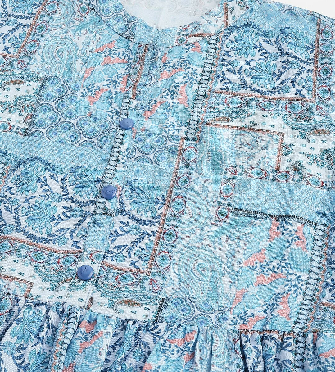 Light Blue Poly Rayon Digital Printed A-line Top - Tarini - Swadesiicart