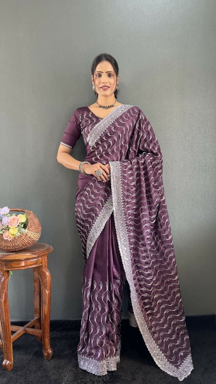 Vastranavya Purple Chinnon Silk Embroidery Multi Sequence & Arco Cut Work Ready to Wear Saree | Swadesiicart