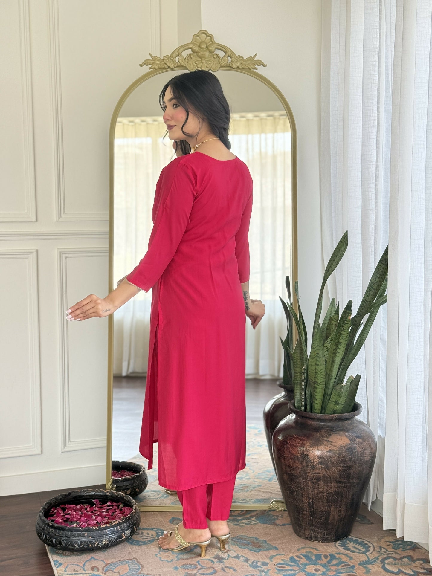 The52 Rani Gorgeous Embroidered Chanderi Silk Fabric Straight Kurta Pant with Dupatta Set - Swadesiicart