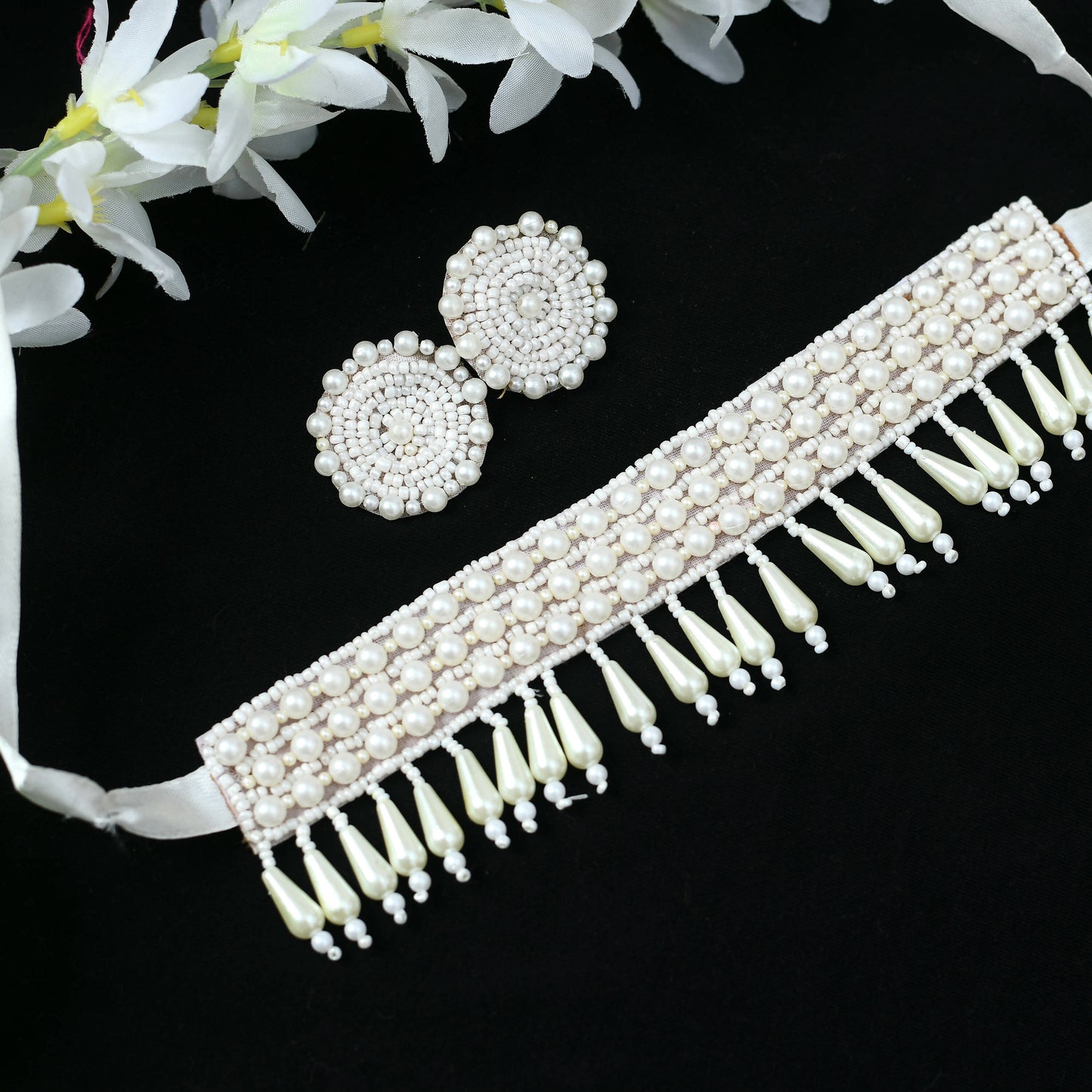 Mominos Fashion Johar Kamal Off White Handicraft Pearls Necklace with Earrings For Women - Mominos Fashion