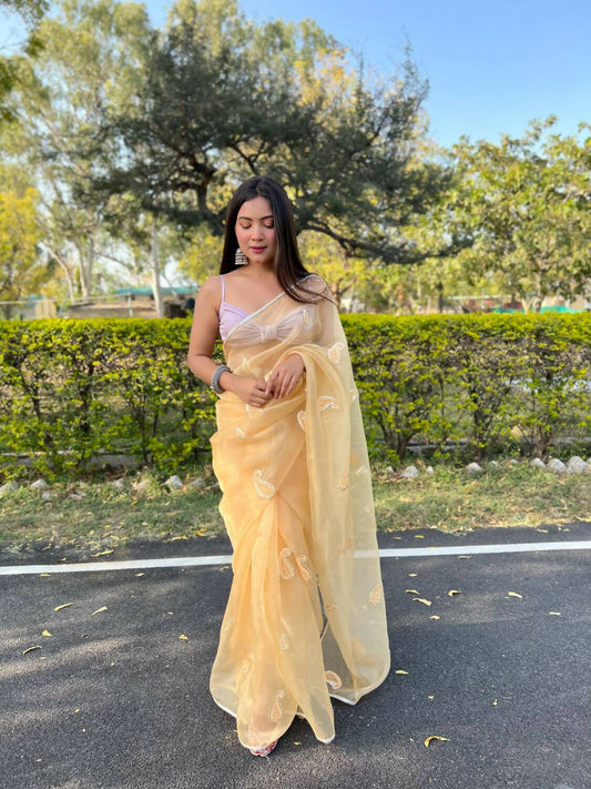Vamsee Yellow Organza Saree - Swadesiicart