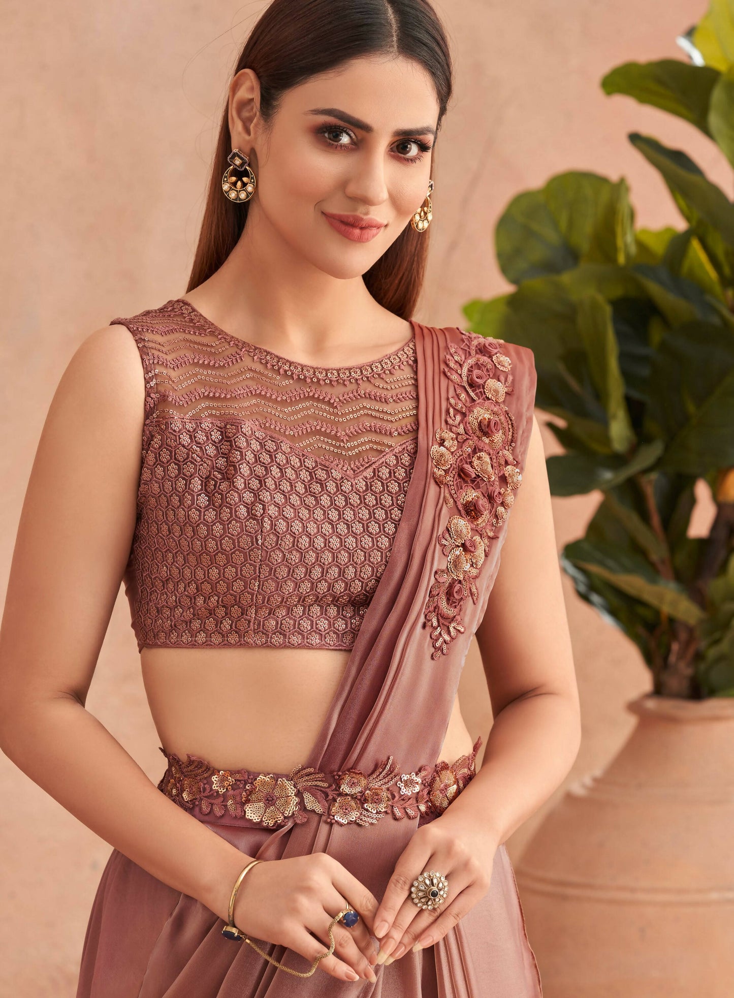 Pink Satin Embroidered Ready To Wear Saree With Unstitched Blouse Piece - Nandika | Swadesiicart