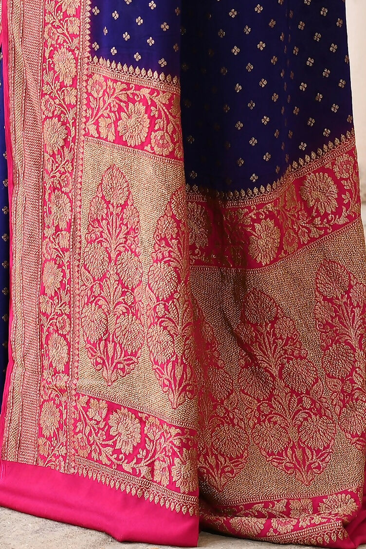 Joban Fashion Navy Blue Crepe Chiffon Pure Handloom Banarasi Silk Saree | Swadesiicart