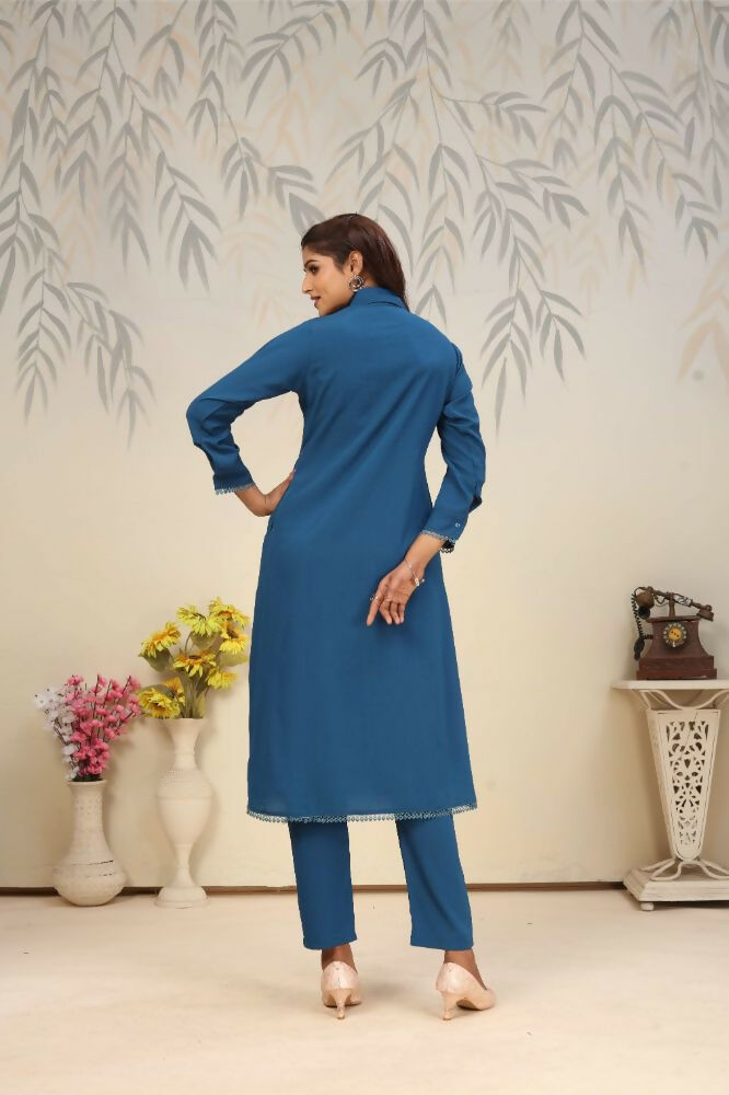 Jyoti Fashion Women's Blue Rinkal Cotton Plain with Side Pocket Kurtis & Sets | Swadesiicart