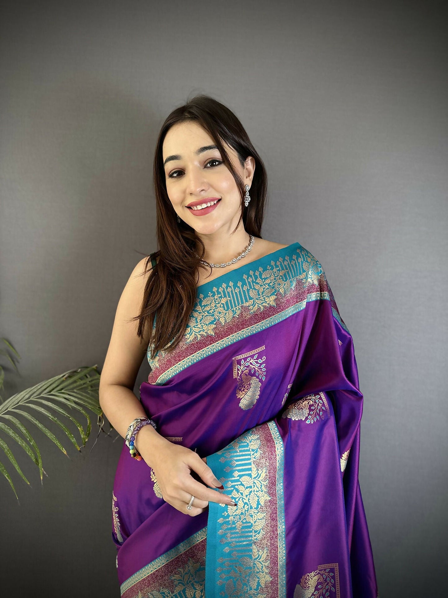 Joban Fashion Purple Banarasi Soft Silk Peacock Butta Work Saree | Swadesiicart
