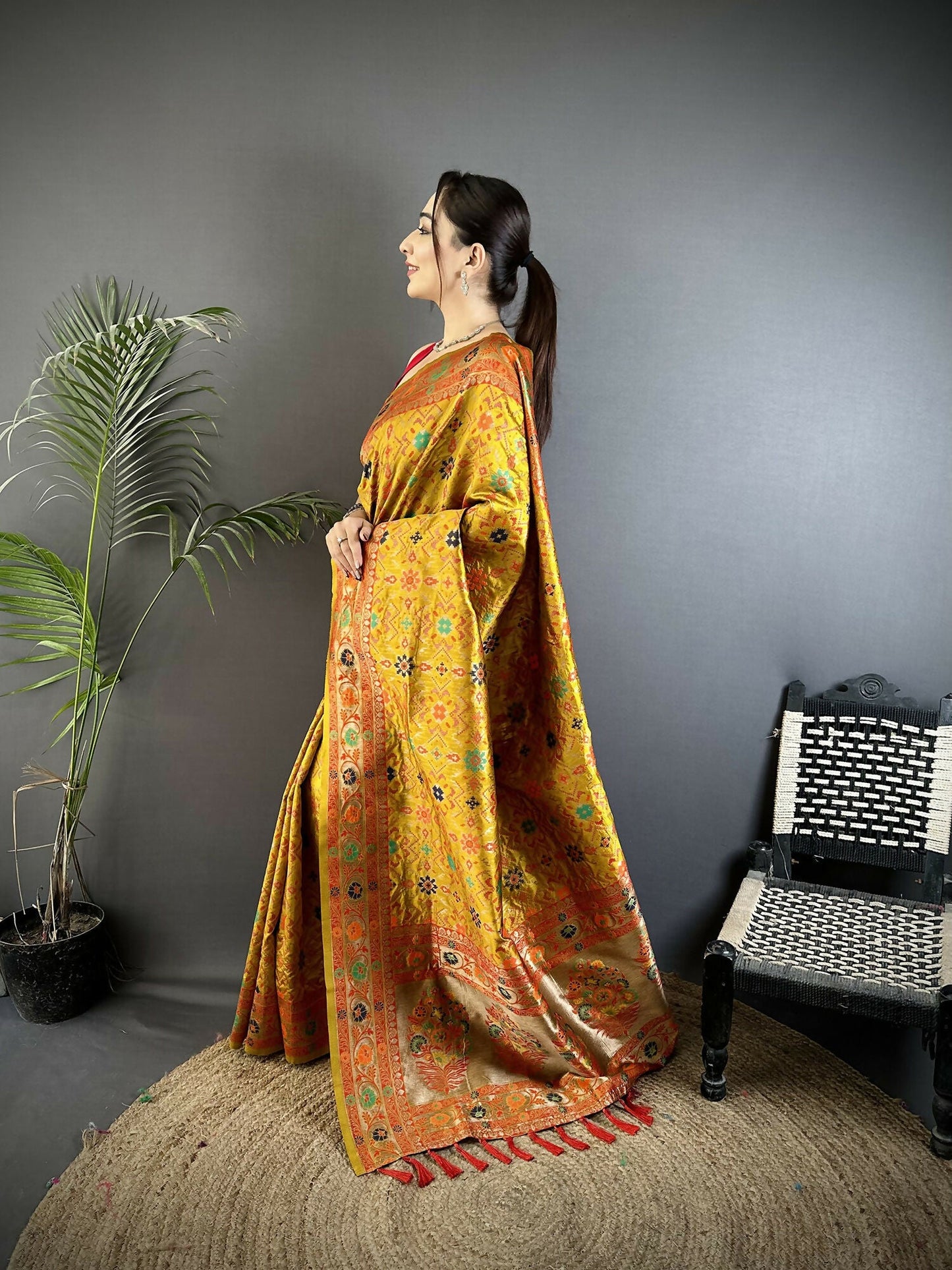 Joban Fashion Golden Yellow Banarasi Soft Silk Woven Saree | Swadesiicart