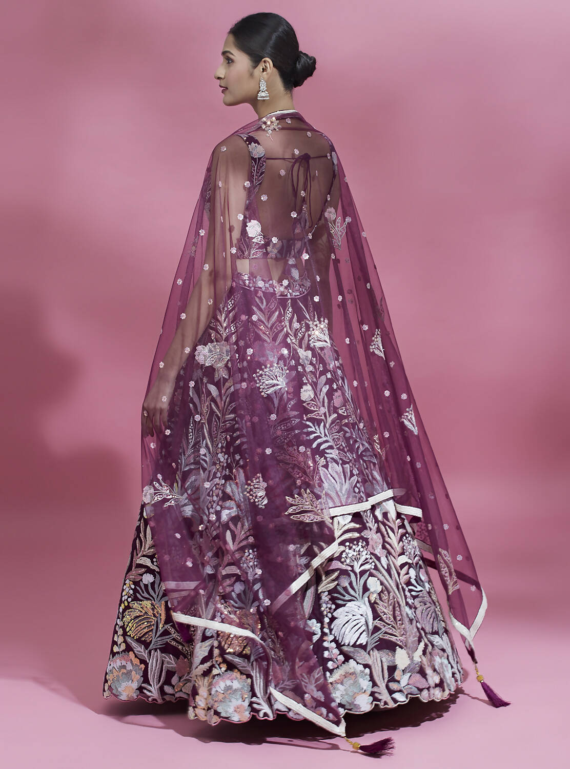 House of Panchhi Burgundy Net Sequinse Work Lehenga & Blouse with Dupatta | Swadesiicart