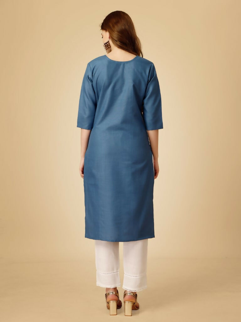 Jyoti Fashion Women's Denim Blue Cotton Blend Embroidered Kurta Pant Set | Swadesiicart
