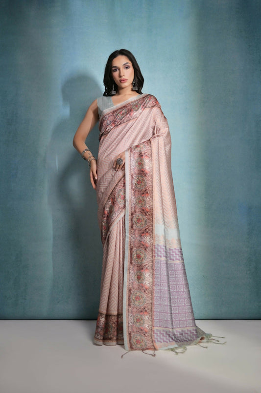 Vishnu Weaves Women's Chiku Cotton Silk Zari Woven Saree with Blouse - Swadesiicart