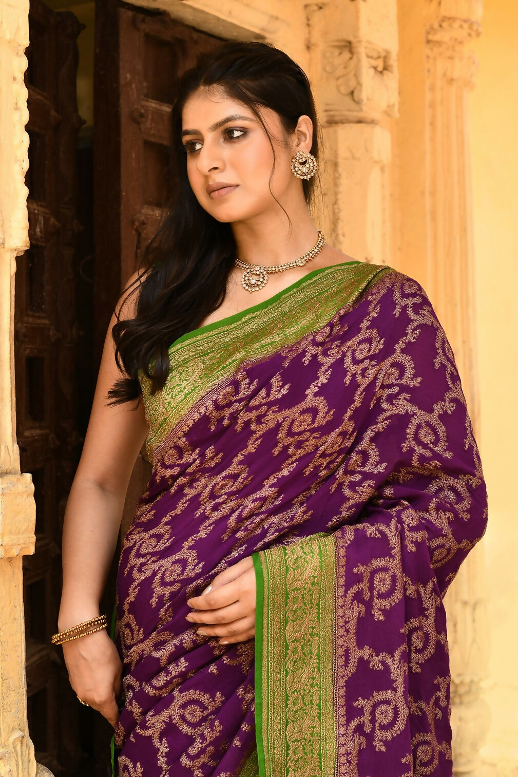 Joban Fashion Purple Crepe Chiffon Pure Handloom Banarasi Silk Saree | Swadesiicart