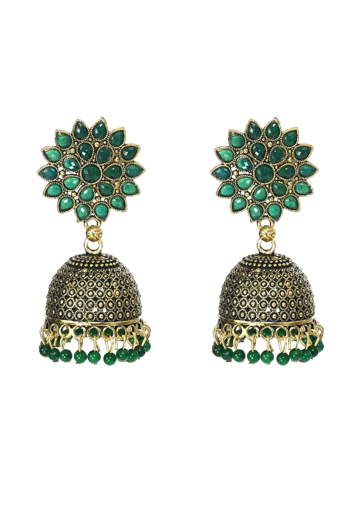 Mominos Fashion Johar Kamal Beautiful Kundan Work Jhumka With Green Beads - Mominos Fashion