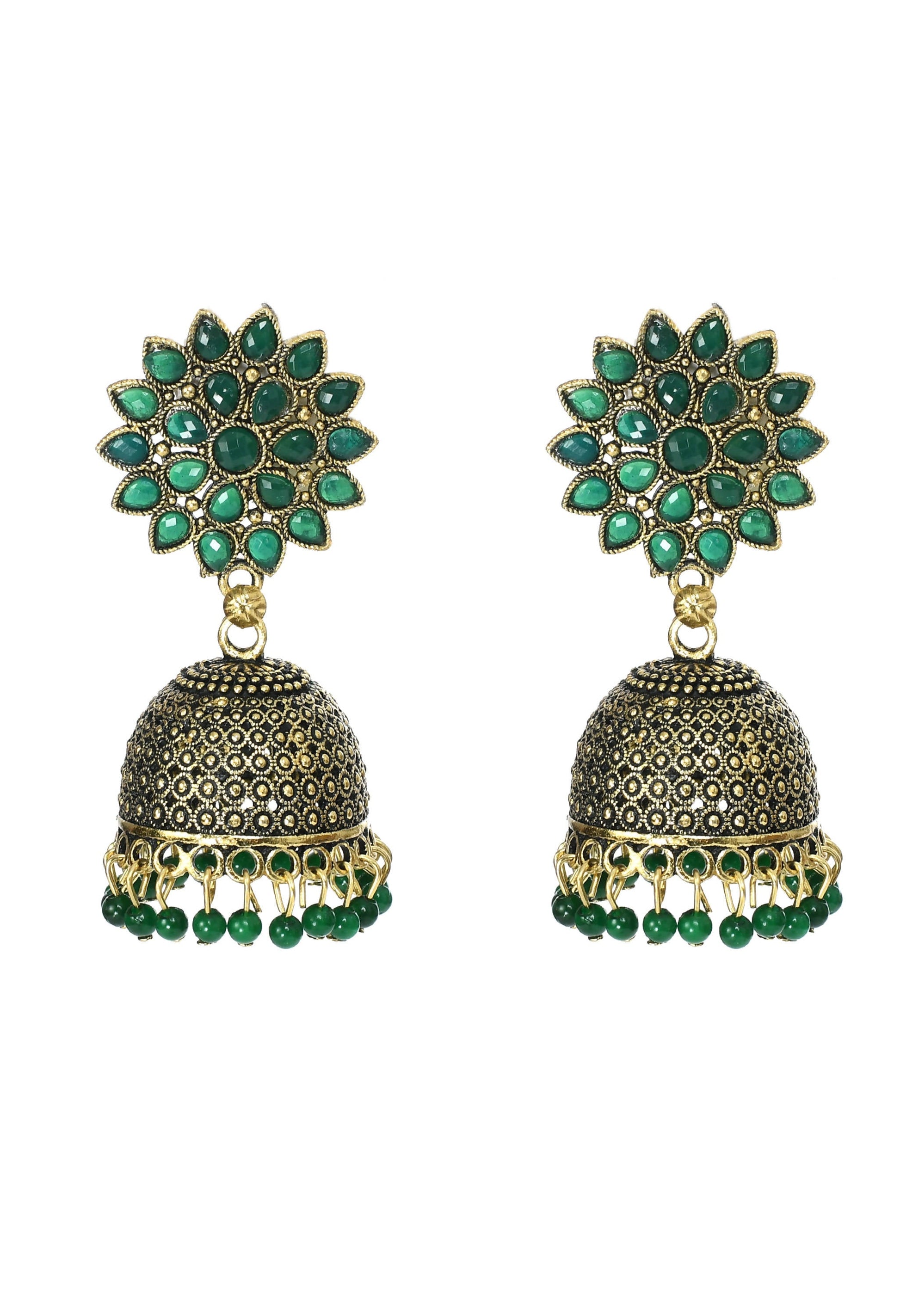 Mominos Fashion Johar Kamal Beautiful Kundan Work Jhumka With Green Beads - Mominos Fashion