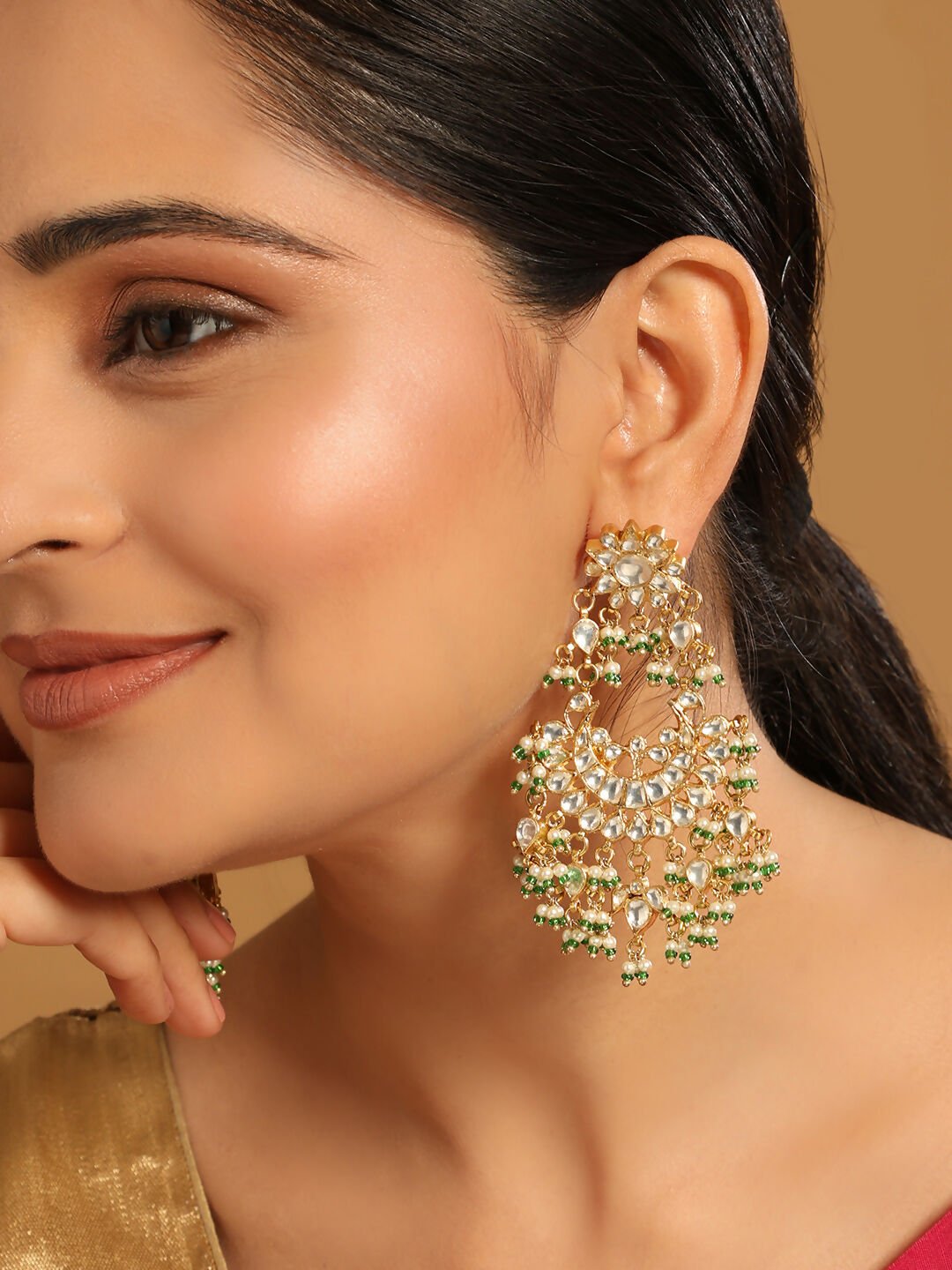 Nuyug 22K Gold-Plated Kundan & Pearl Studded Crescent Shaped Green Beads Chandbalis | Swadesiicart