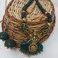 Terracotta Dark Green Crown Pendant Long Necklace Set Paired with Hanging Temple Jhumkas | Swadesiicart