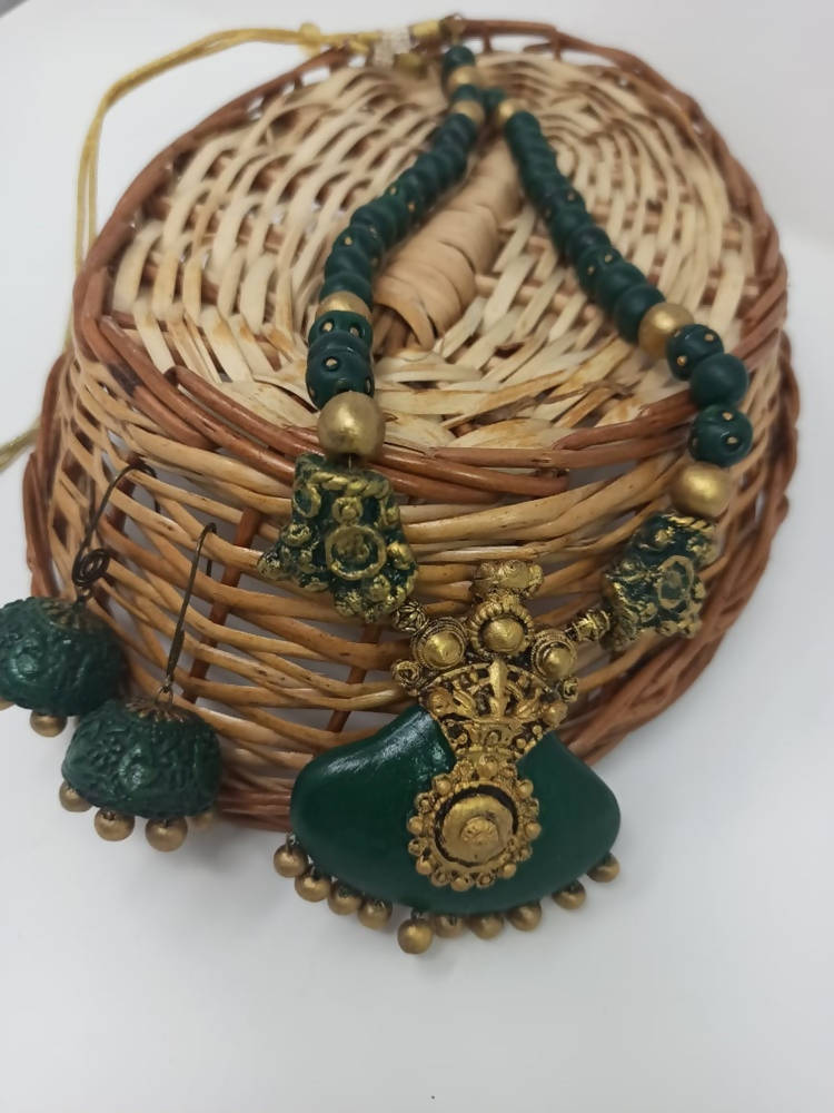 Terracotta Dark Green Crown Pendant Long Necklace Set Paired with Hanging Temple Jhumkas | Swadesiicart
