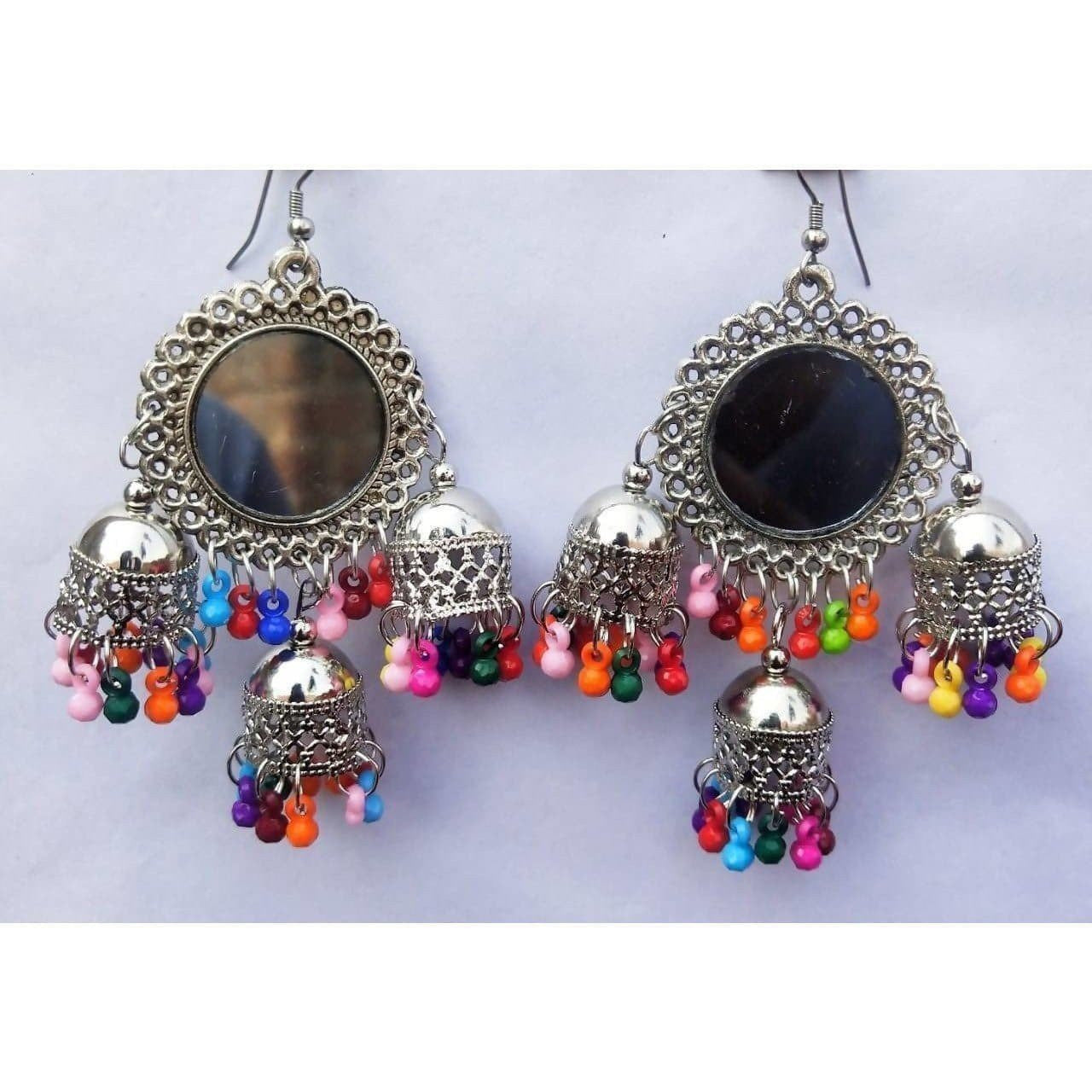 MS Fashion India Sun Design Mirror Silver Oxidized Triple Jhumka With Pearls Hanging Afghani Earrings | Swadesiicart