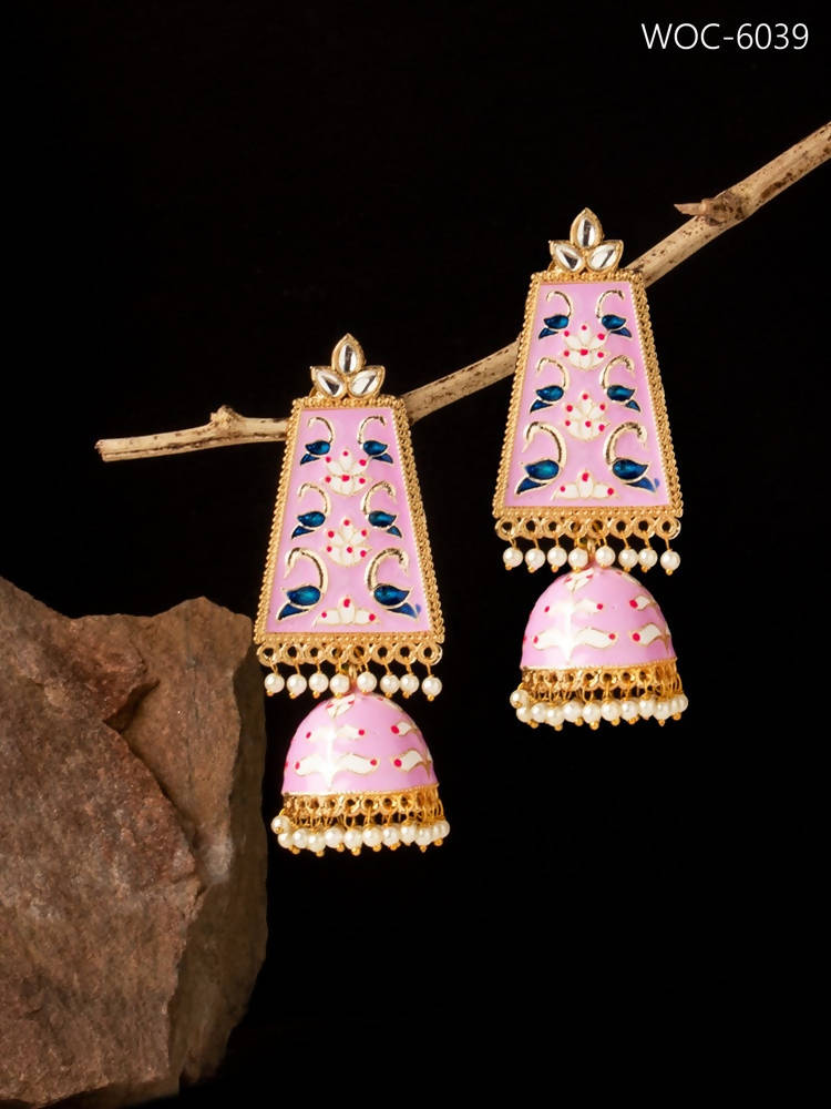 Mominos Fashion Johar Kamal Golden Kundan Meenakari Big Jhumka | Swadesiicart