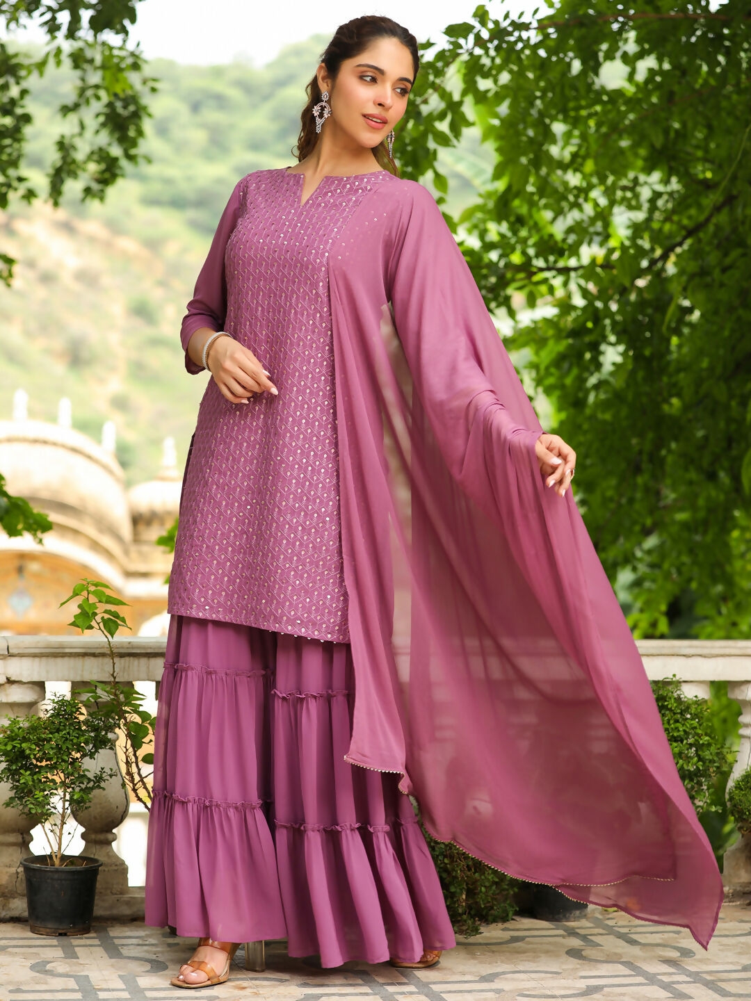 Janasya Lavender Georgette Embroidered Kurta,Bottom & Dupatta | Swadesiicart
