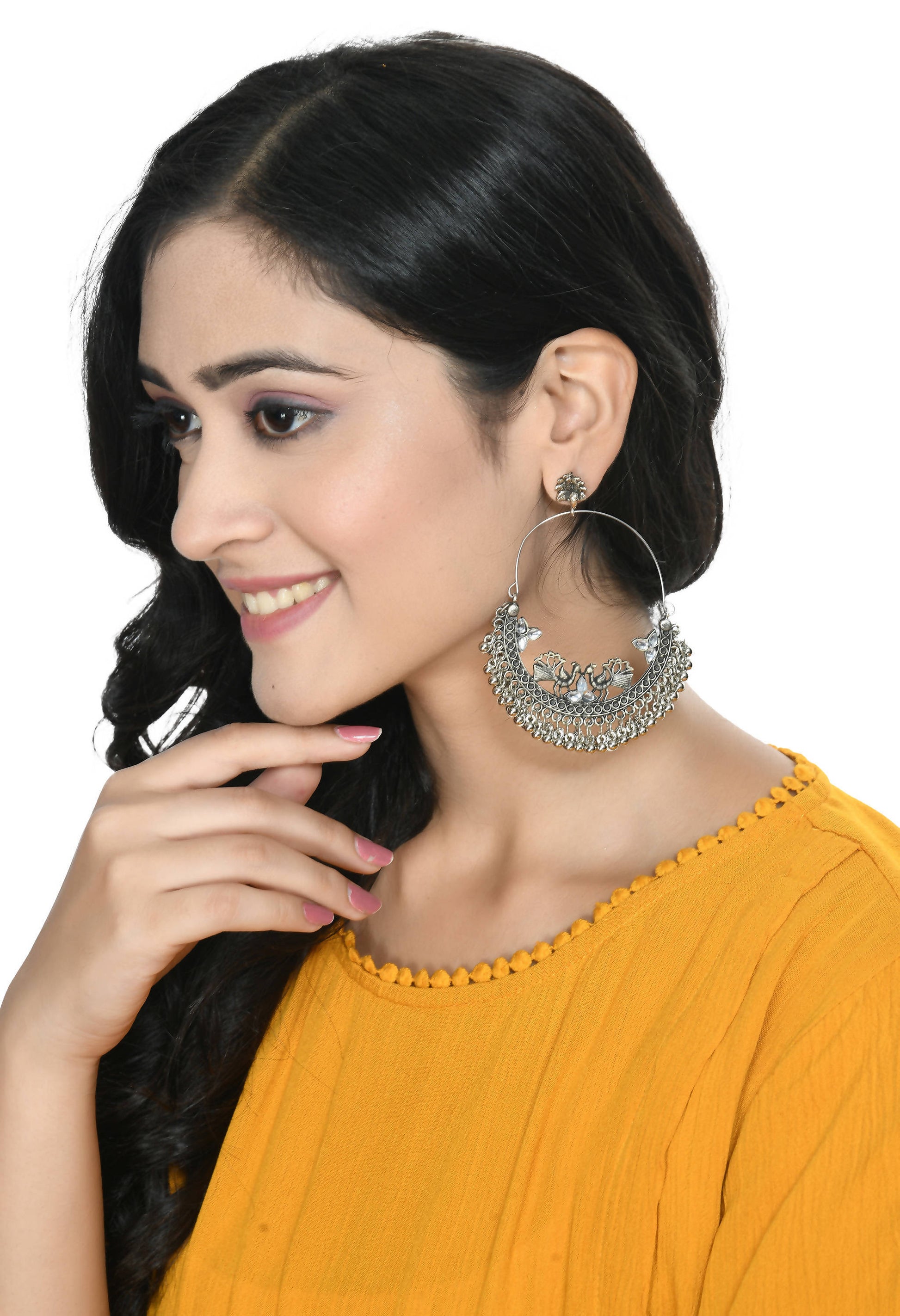 Mominos Fashion Johar Kamal Silver Peacock Design Chandbali Earrings - Swadesiicart