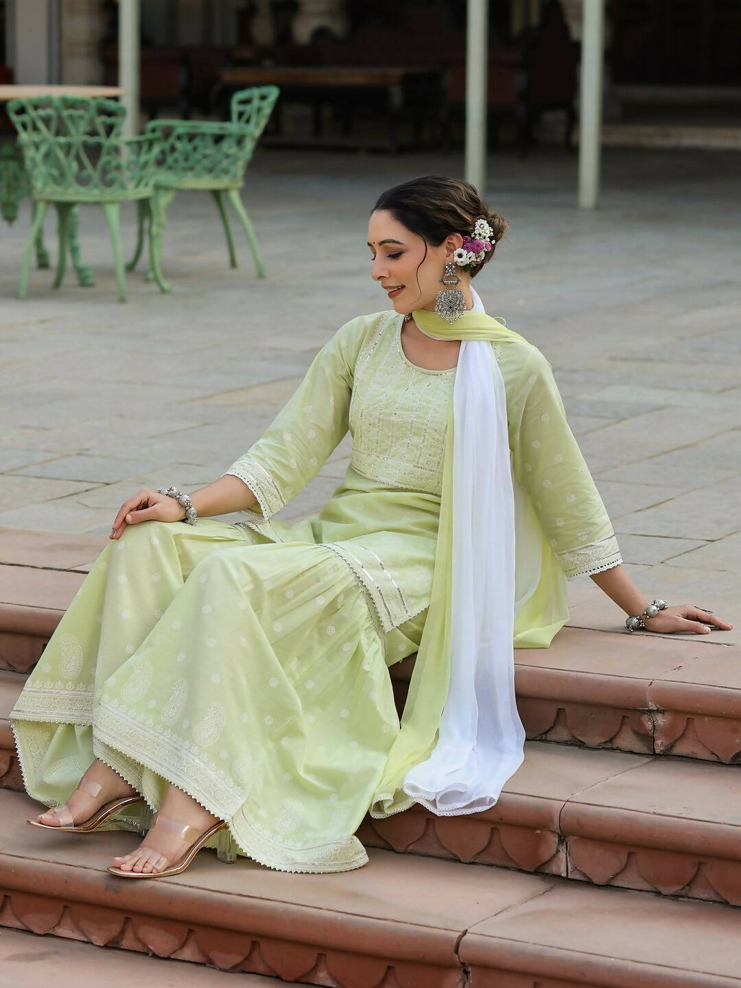 Juniper Women's Lime Green Cambric Floral Print Kurta Sharara Sets | Swadesiicart