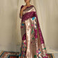 Vishnu Weaves Women's Wine Paithani Silk Zari Woven Saree with Unstitched Blouse - Swadesiicart