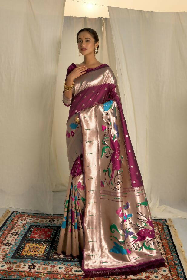 Vishnu Weaves Women's Wine Paithani Silk Zari Woven Saree with Unstitched Blouse - Swadesiicart