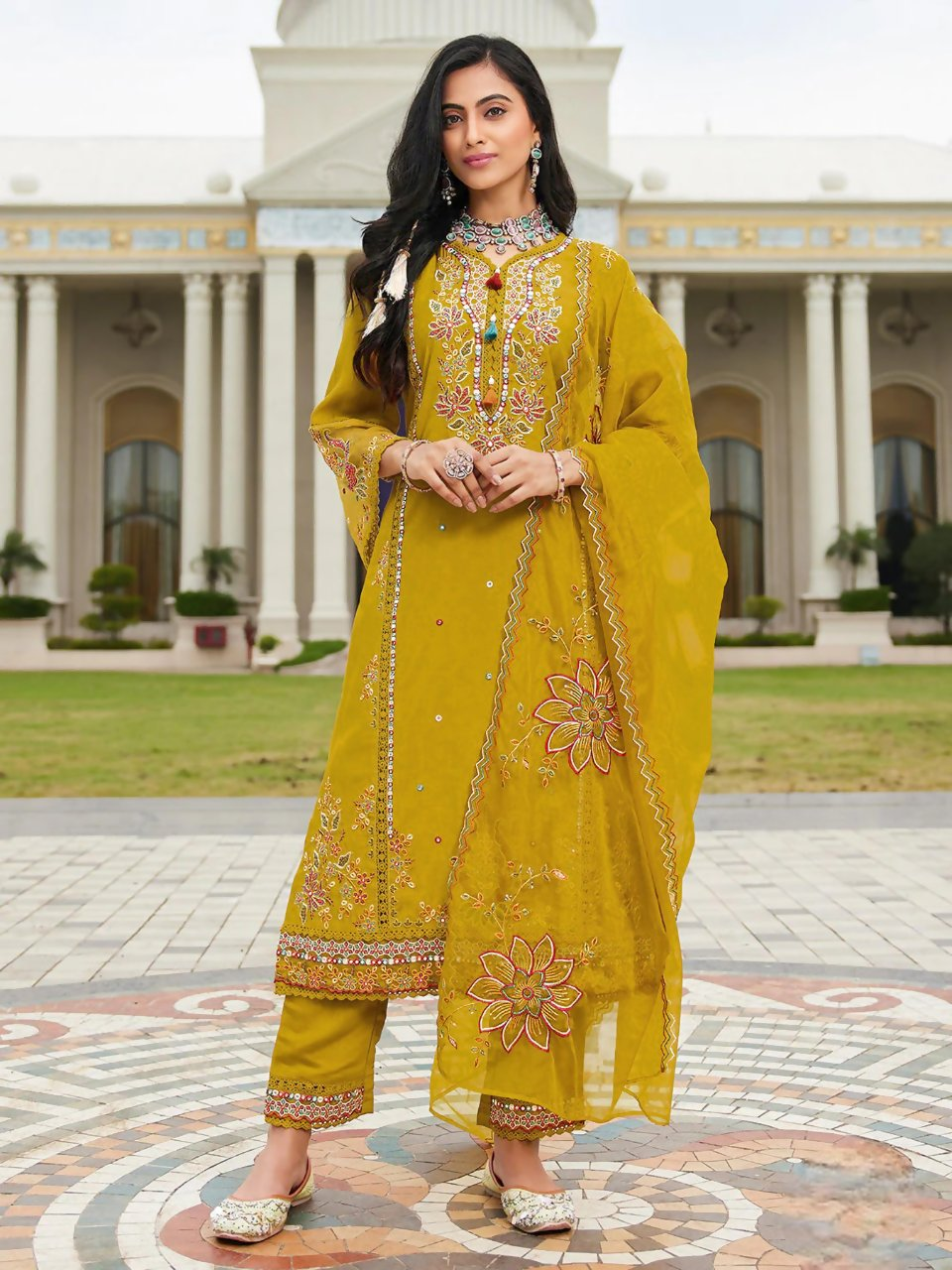 Anaita Mustard Cotton Stitched Suit with Embroidery Viscose Multi Thread Work