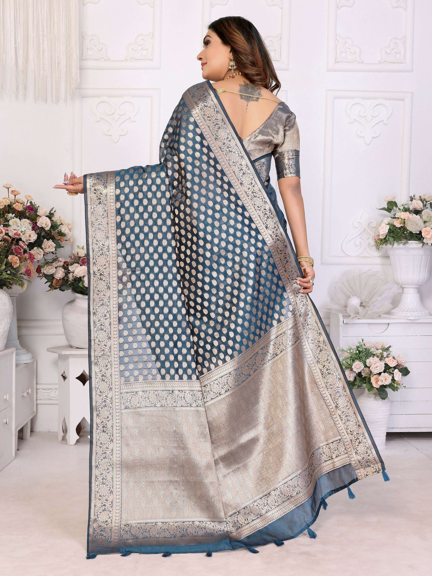 Aastha Fashion Teal Organza Silk Weaving Saree