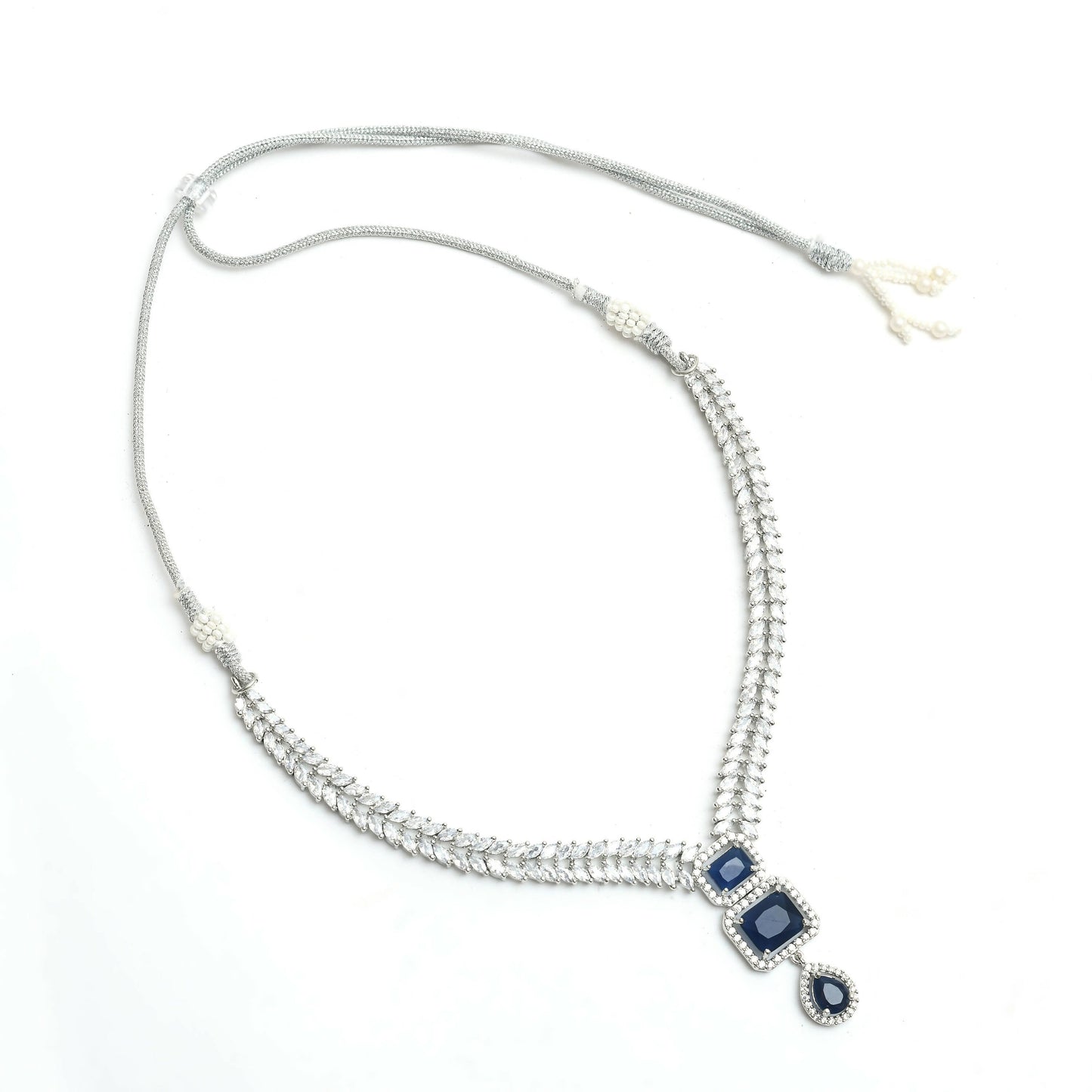 Mominos Fashion Johar Kamal Silver-Plated American Diamond Navy Blue Choker Set | Swadesiicart