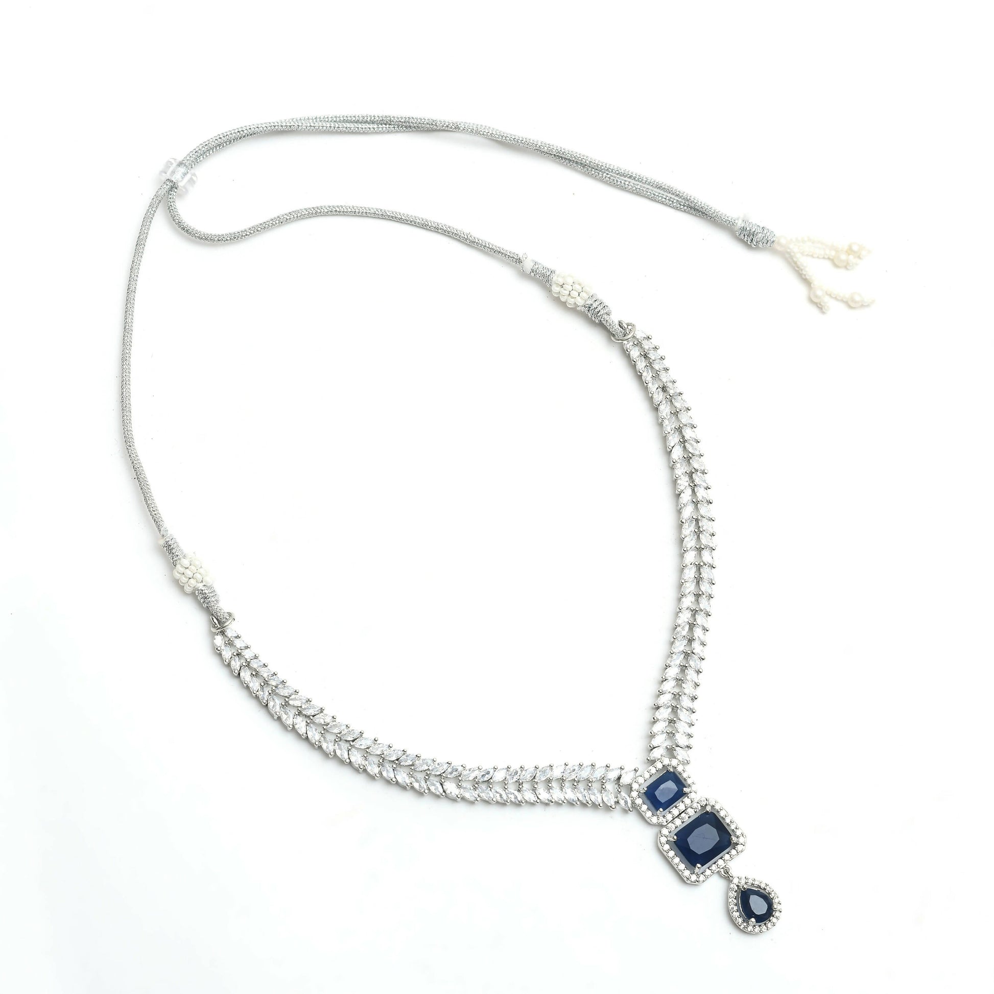 Mominos Fashion Johar Kamal Silver-Plated American Diamond Navy Blue Choker Set | Swadesiicart