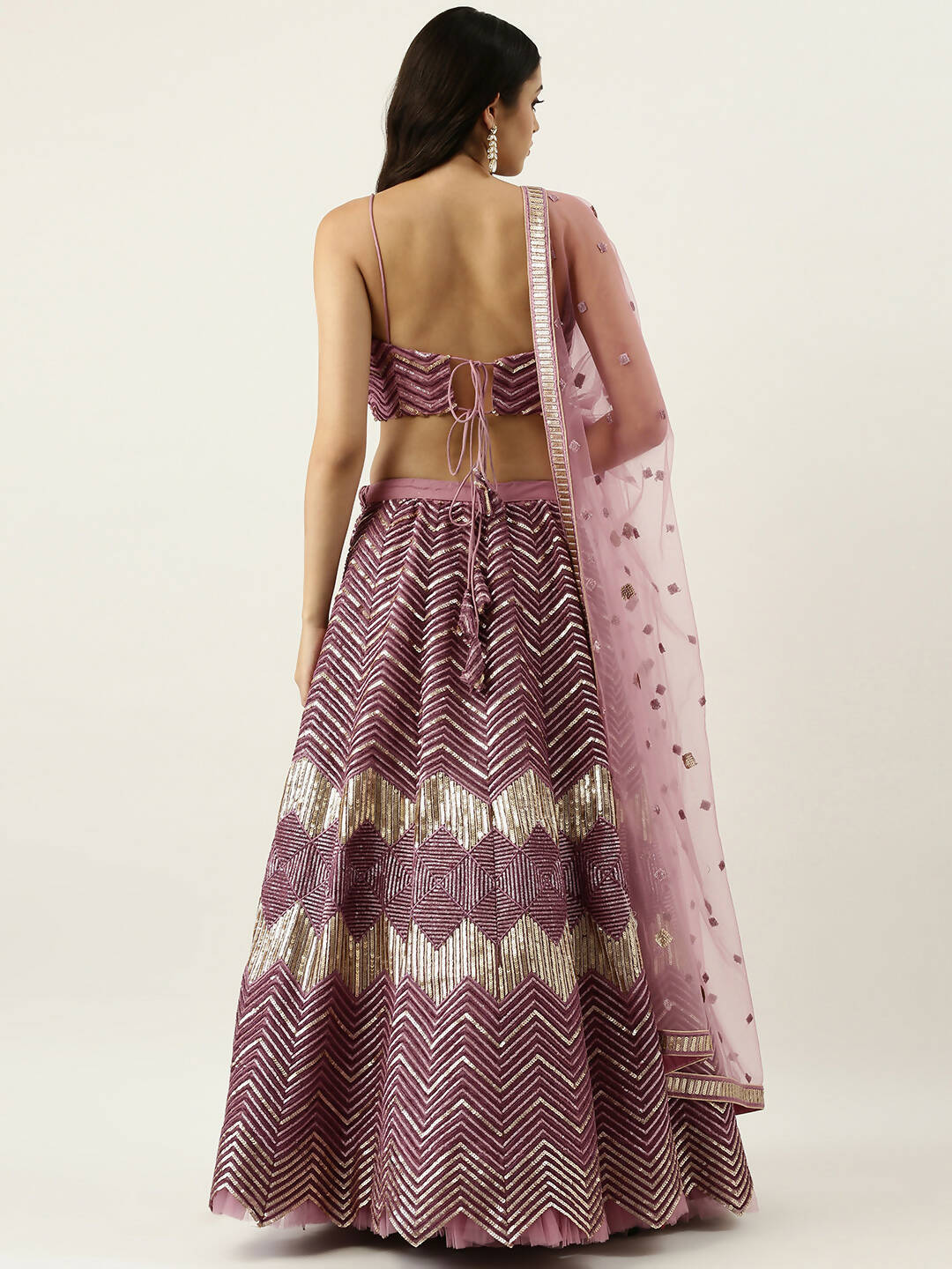 House of Panchhi Lavender - Net Embroidered Lehenga with Zig-Zag Pattern | Swadesiicart