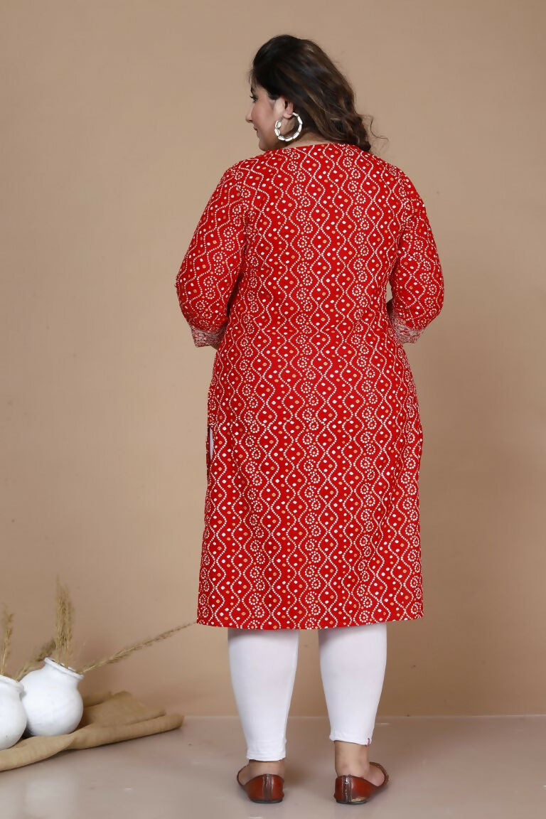 Miravan Women's Plus Size Festive Wear Red Bandhani Printed Straight Kurta - Swadesiicart