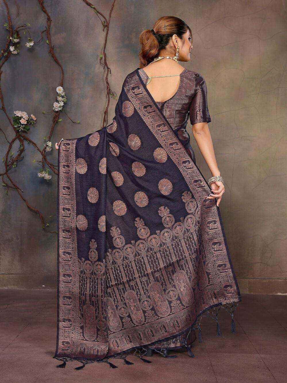 Joban Fashion Navy Blue Woven Jacquard Banarasi Silk Sarees | Swadesiicart