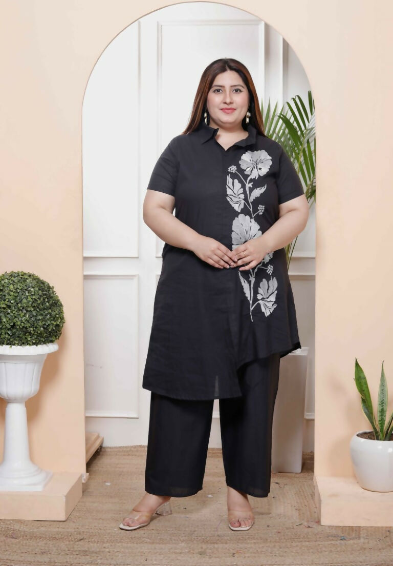 Miravan Women's Plus Size Black Pure Cotton Floral Embroidered High Low Co-Ord Set - Swadesiicart