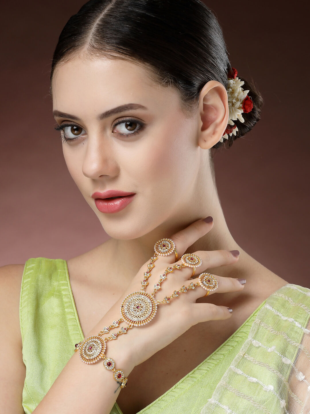 NVR Women's Gold-Polished CZ Stone-Studded Handcrafted Ring Bracelet - Swadesiicart