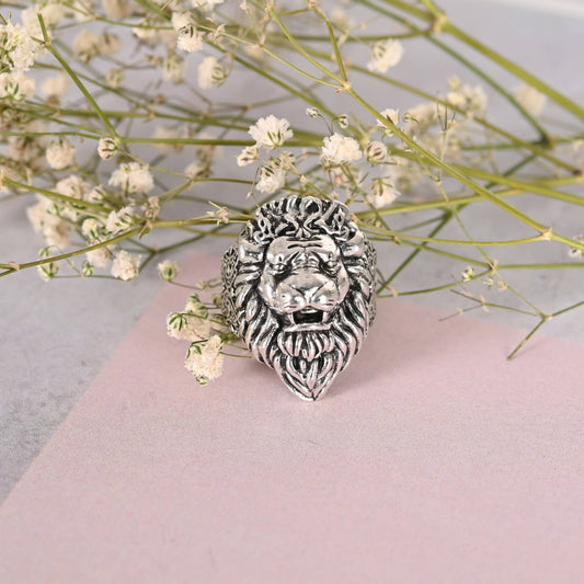 NVR Men Silver-Plated Lion Face Finger Ring | Swadesiicart