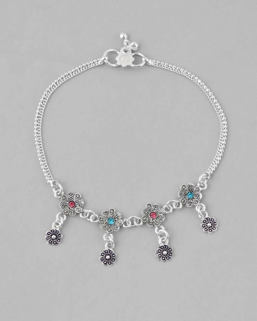 VOJ Set of 2 Silver Plated Flower Shaped Meenakari Anklet - Swadesiicart
