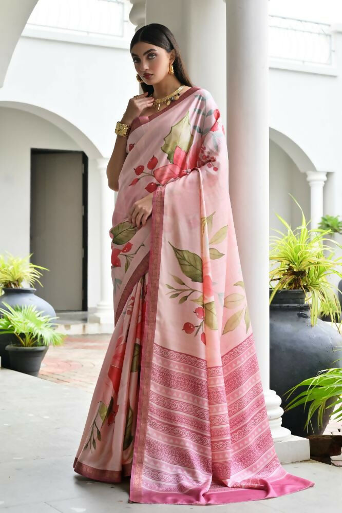 Vishnu Weaves Women's Pink Satin Silk Printed Saree with Blouse - Swadesiicart