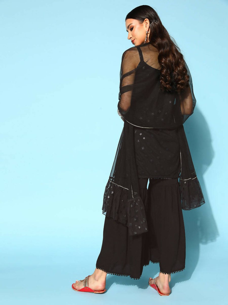Ahalyaa Women Black Colour Crepe Foil Printed Kurta Sharara Set With Dupatta | Swadesiicart