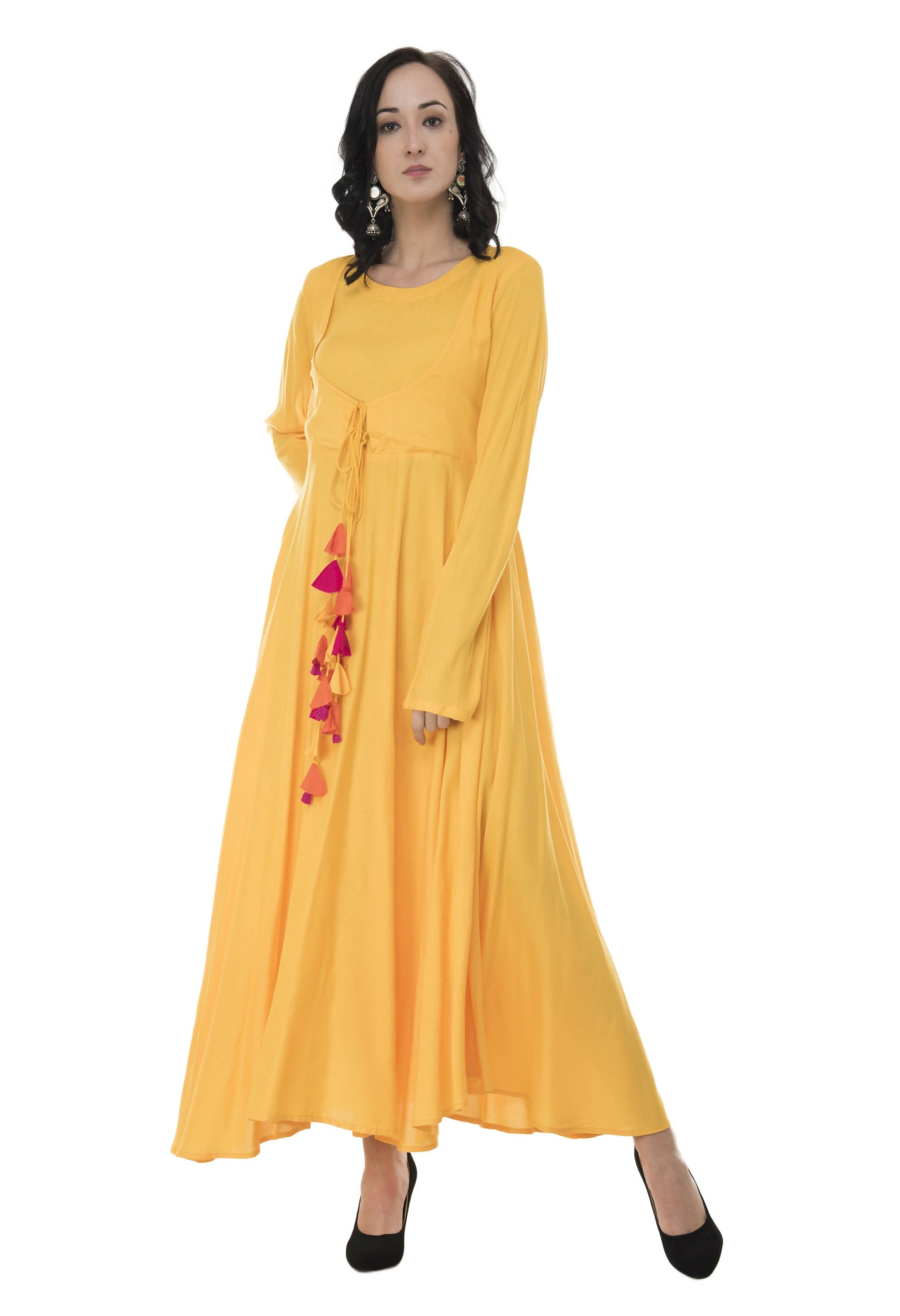 Women's Yellow Flared Kurti With Front Round Neck And Choli Cut With Dori And Tassels - G & A Apparels | Swadesiicart
