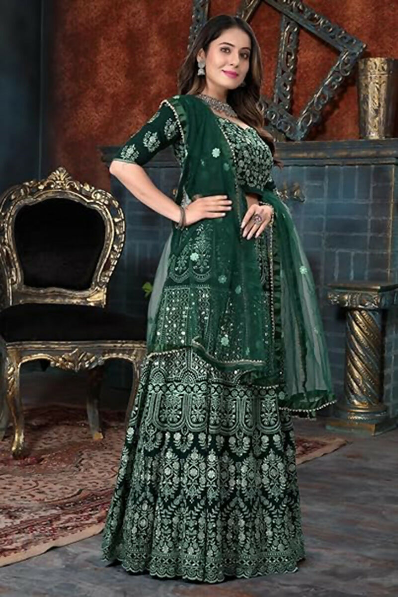 Jyoti Fashion Beautiful Bottle Green Faux Georgette 3MM Sequins with Thread & Jari Embroidery Lehenga Choli with Dupatta | Swadesiicart