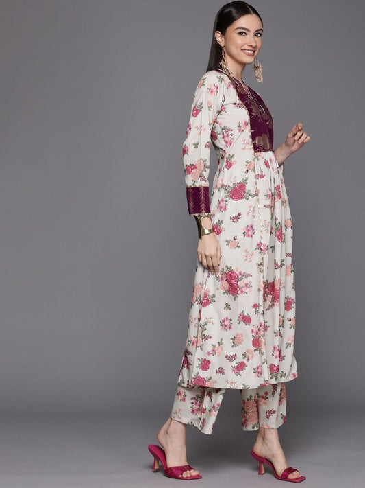 Ahalyaa Womens Beige Crepe Digital Printed Kurta Palazzo Set | Swadesiicart