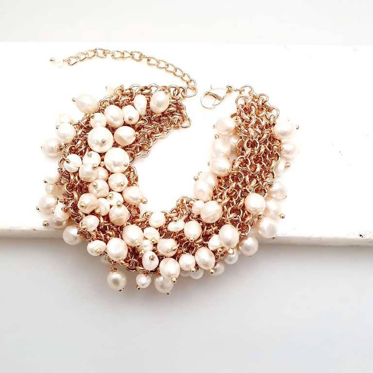 Bling Accessories Cluster Pearl Bracelet with Baroque Pearls in Rose Gold Finish - Bling Accessories