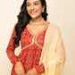 FIORRA Women's Red Cotton A-Line Kurta Pant With Dupatta - Swadesiicart