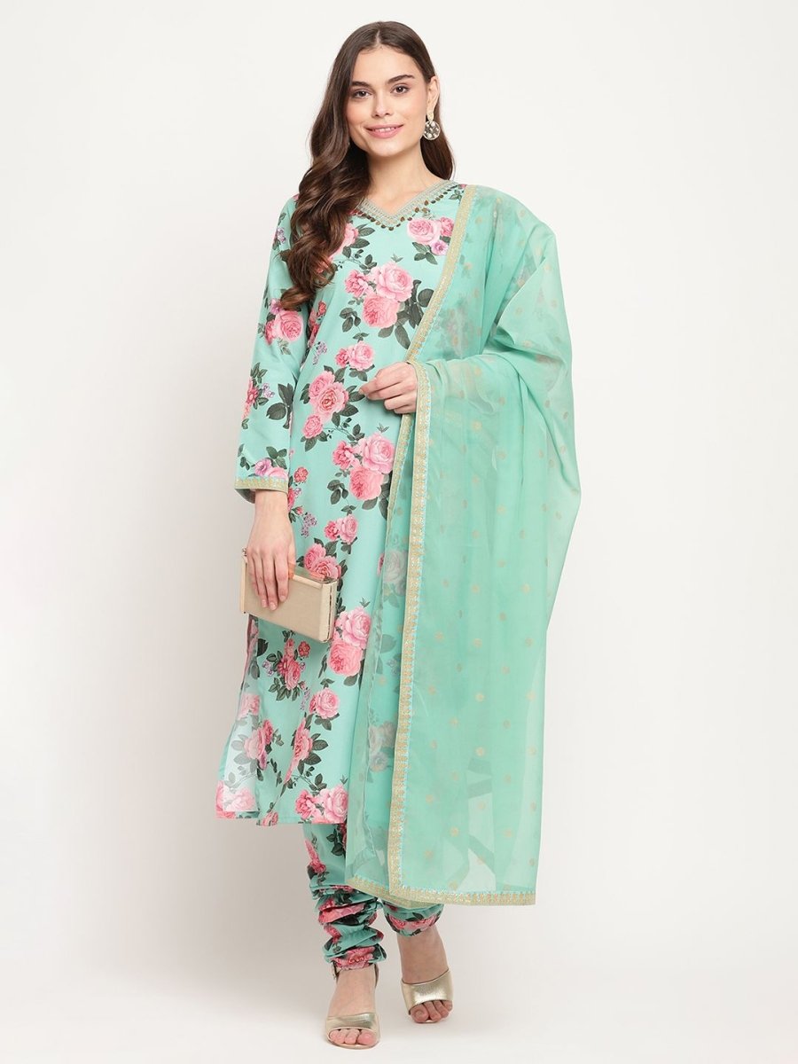 Ahalyaa Women Green Floral Printed Regular Kurta Churidar Set & With Dupatta | Swadesiicart