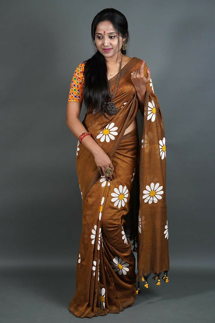 Exclusive Collection Brown Pure Cotton Saree With Sunflower Design - Swadesiicart