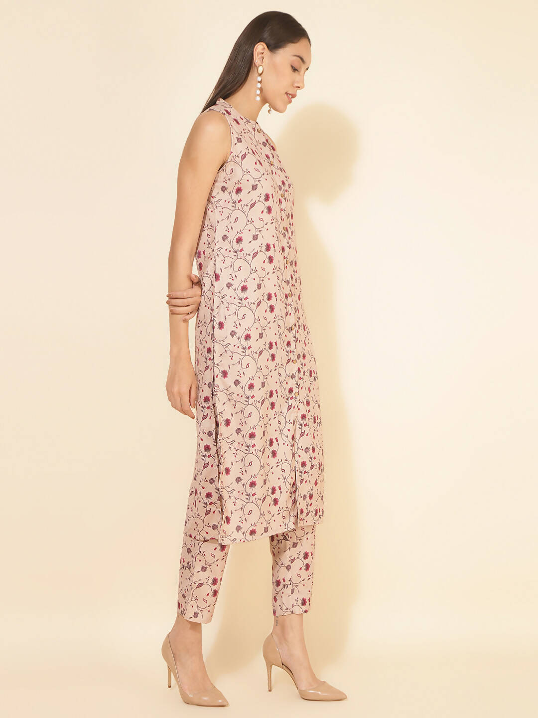 Janasya Women's Beige Moss Digital Floral Printed Casual Straight Co-ords - Swadesiicart